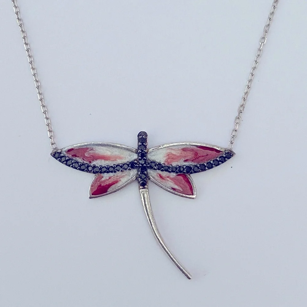 925 Silver handmade red dragonfly enamel necklace